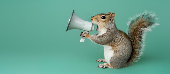 Squirrel announcing using megaphone. Notifying, warning, announcement.