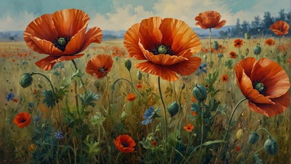 Poppies filed oil painting on canvas