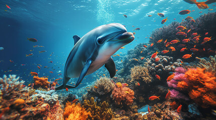 Oceanic Playground: Amidst coral reefs teeming with vibrant marine life, the dolphin leads the swimmer on a journey through an underwater playground of colors and textures. Schools