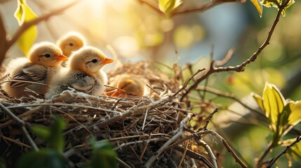 Sunlit Nest of Baby Birds Nestled Among Spring Foliage