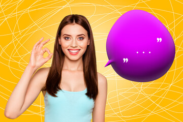 Composite collage picture image of show okey symbol female speech bubble communication concept...
