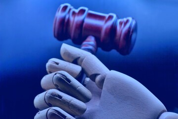 Robotic hand with wooden gavel. Concept of regulation of artificial intelligence. 3d illustration.