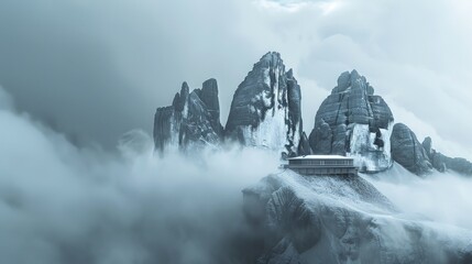 3D rendering of Majestic foggy view of the National Park Tre Cime di Lavaredo with rifugio Locatelli. Dolomites, South Tyrol. Location Auronzo, Italy, Europe. Dramatic scene. Beauty world