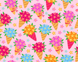 Naklejka premium Romantic spring seamless pattern with flowers and bouquets. Yellow, blue, pink flowers. Wrapping paper, fabric, design for Valentine's Day, Birthday, 8 march, mother's day, easter. Pink background.