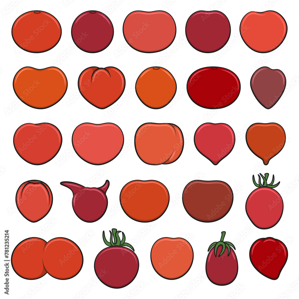Poster set of color illustrations with red tomatoes. isolated vector objects on white background.