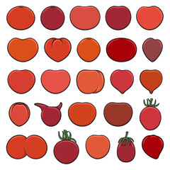 Set of color illustrations with red tomatoes. Isolated vector objects on white background.