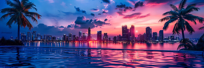 Fototapeta premium Miami Skyline at Dusk, Waterfront Views with Reflective Buildings, Vibrant Urban Landscape with Sunset Hues