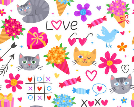 Seamless pattern with romantic love pictures. Cats, birds, arrows, bouquets, flowers, giftbox, candies, glasses, tic tac toe. Wrapping paper, design for Valentine's Day. 