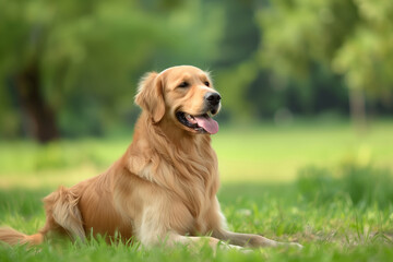 Golden Retriever sits attentively in grassy field, serene park setting with distant trees.