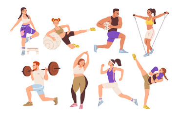 Fototapeta na wymiar People in sportswear doing sports or fitness. Sports men and women. Healthy lifestyle. Flat vector illustration set