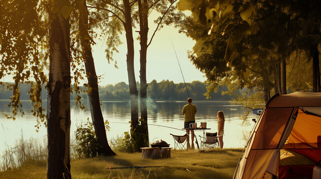 dad and daughter fishing, family vacation, family outdoors - Powered by Adobe