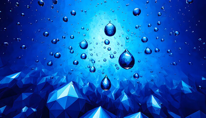 Fond bleu abstrait de gouttes d'eau en polygone avec réflexion lumineuse et texture géométrique - obrazy, fototapety, plakaty