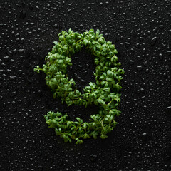 Number nine is created from young green arugula sprouts on a black background covered with water drops.