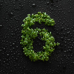 Number six is created from young green arugula sprouts on a black background covered with water drops.