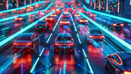 Autonomous cars sensor systems for safety of driverless cars. Future adaptive cruise control that senses nearby vehicles and pedestrians. Smart transportation technology. - obrazy, fototapety, plakaty