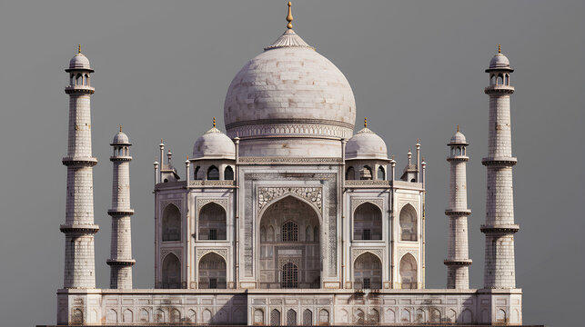 A highly detailed 3D model of the Taj Mahal with realistic textures and lighting, showcasing its intricate details and symmetrical architecture.