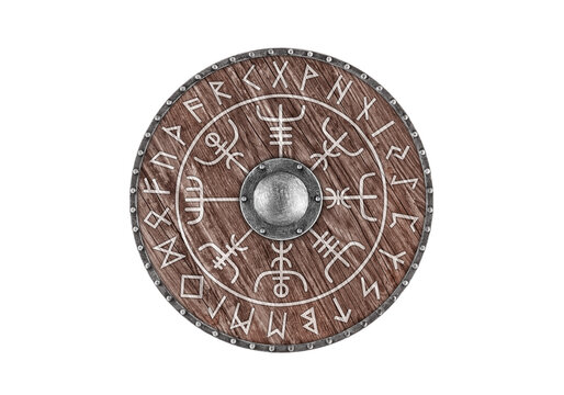 Old wooden round shield decorated with runes isolated on white background