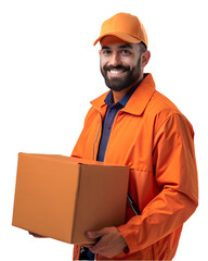 man in a orange jacket and cap holding a box, working as a parcel deliverer