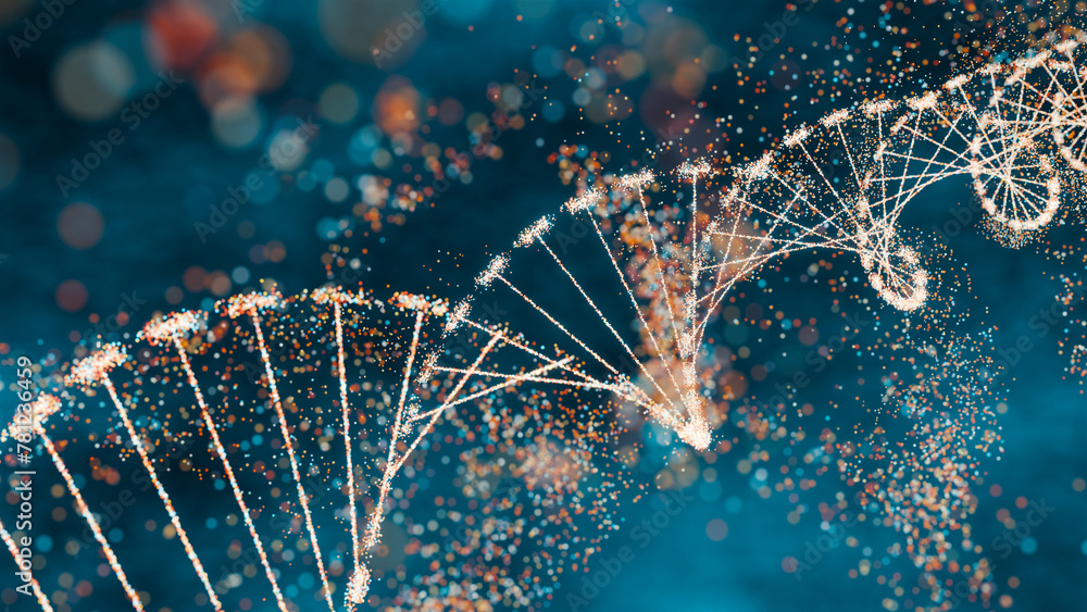 Wall mural 3d illustration of a dna molecule with sparkling effects symbolizing complexity and genetic diversit