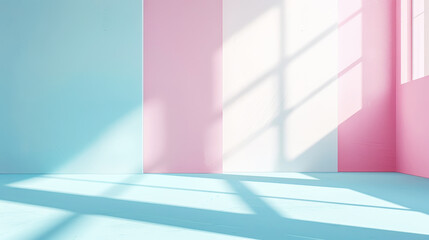 Aesthetic modern architecture background with pastel pink and light blue geometric lines, strong shadows. Generative AI