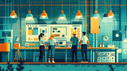 A scene of a manager guiding a team through a safety audit of electrical installations