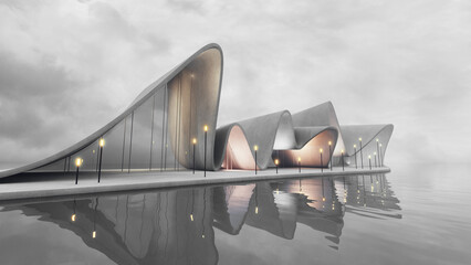Futuristic architecture design on waterfront. 3D render of modern building with smooth curves. Overcast sky and serene water reflection. Concept of modern architecture and design.