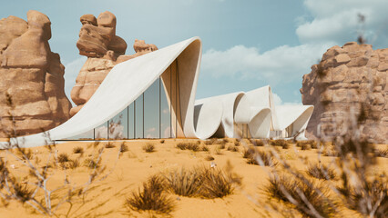 Desert modern architecture with flowing lines amidst rocky terrain. 3D render of innovative...