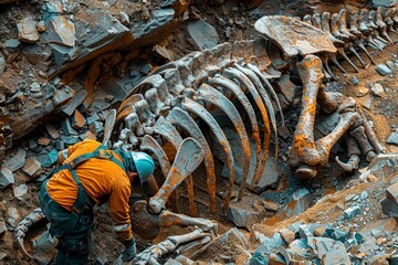 A team of paleontologists is carefully uncovering the skeletal remains of a dinosaur at an...