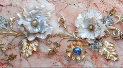 Elegant Baroque Golden Floral Decorations on Luxe Marble.