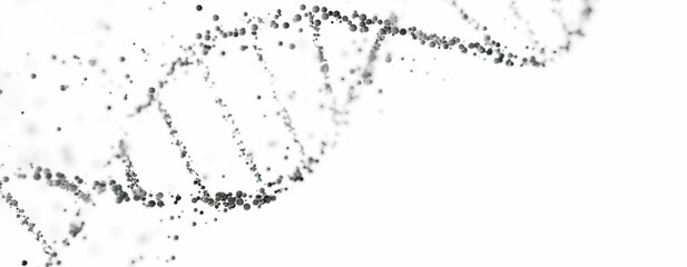3D rendering of a DNA molecule in white with particles against a light background, scientific purity and genetic analysis. 