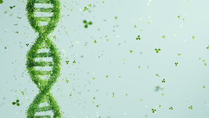 Green DNA double helix structure composed of leaves on a light blue background. Sustainable science and eco-friendly technology concept