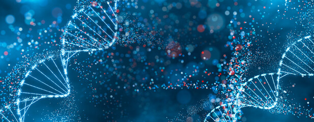 Sparkling DNA helix structure in blue and red. High-tech concept of genetic research, bioinformatics, and computational biology.