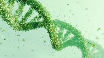 DNA double helix structure made of green leaves on a soft green background. Bioinformatics and green technology concept, eco-scientific design, environmental awareness - obrazy, fototapety, plakaty
