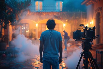Fototapeta premium A cinematographer operates a camera on a tripod, capturing a scene outside a house bathed in atmospheric blue light and fog at dusk.
