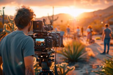 A film crew captures a scene during golden hour with a professional camera, amidst a desert scenery backlit by the setting sun.