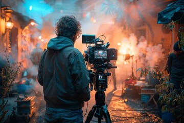 A cinematographer operates a camera on a tripod, capturing a scene outside a house bathed in atmospheric blue light and fog at dusk.