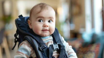 A baby sitting in a baby carrier and looking around in wonder.  - Powered by Adobe