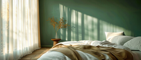 Modern and Minimalist Bedroom Design, Stylish Bedding and Comfortable Interior, Scandinavian Home Style - obrazy, fototapety, plakaty