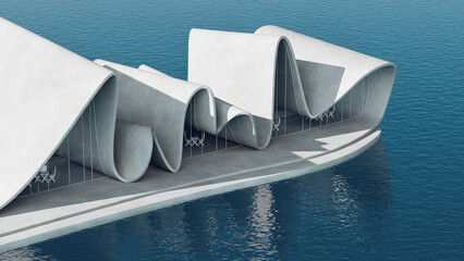 Modern wavy buildings on a waterfront. 3D render of futuristic architecture with reflections on...