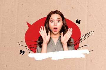 Composite collage picture image of shocked female speech bubble communication concept fantasy...