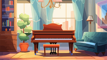 Illustration of a living room with piano 2d flat ca