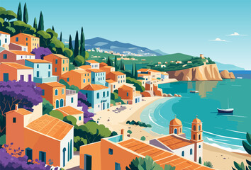 Mediterranean sea beach landscape. Italy, Greece, Spain Travel destination. Seaside with old traditional houses. Vector colorful illustration of european coast. Summer banner, poster, background. - obrazy, fototapety, plakaty