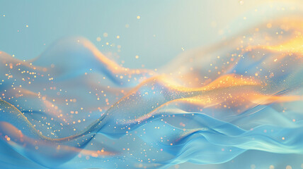 Fototapeta na wymiar Waves of light blue and gold particles on a soft gradient surface.