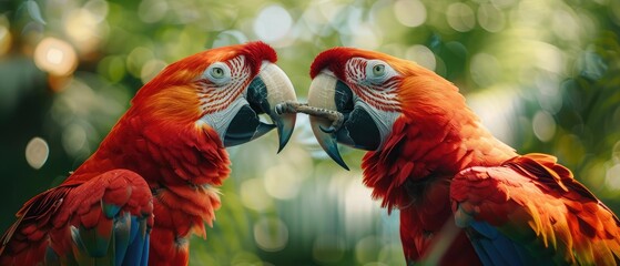 close up of two scarlet macaws playing
