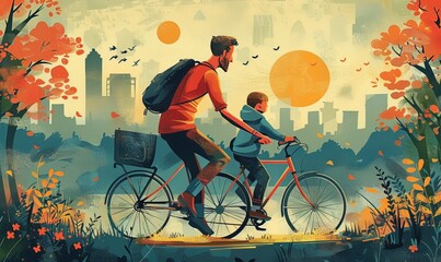 Ai illustrazione di una gita in bicicletta padre e figlio 03 - obrazy, fototapety, plakaty