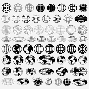 Set Of Globe Icon Vector Design. Collection Of Planet Earth World Signs. Website Url Symbol. Streetwear Graphic Element.