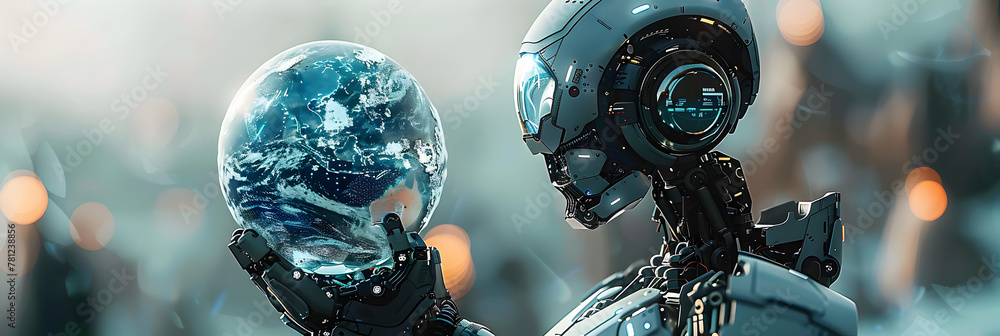 Poster a futuristic ai robot holding a frosty earth symbolizes reflection on environmental impacts in a mod