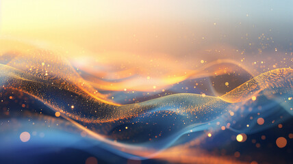Waves of blue and gold particles on a soft gradient background, abstract.