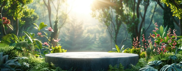 Stone Podium Amidst Lush Garden for Natural Product Display