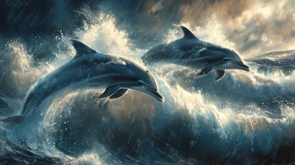 two dolphins jumping in a stormy sea